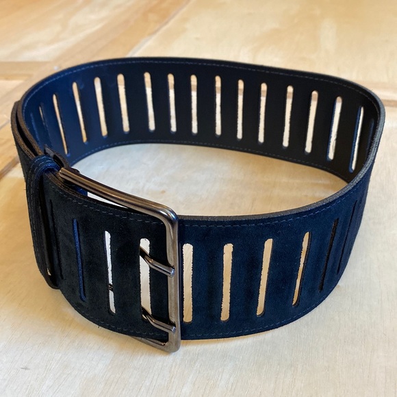 Suzi Roher Accessories - Suzi Roher Women's Wide Black Suede Leather Double Prong Open Slotted Belt